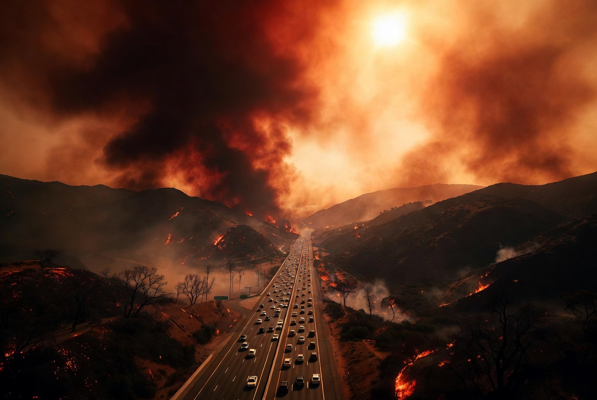 An apacolyptic image of the CA-55 set on with endless traffic and mountains of fire and smoke in the air while the burning sun watches from a distance.