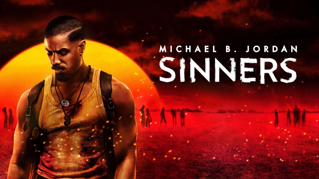 A movie poster of the movie Sinners, starring Michael B. Jordan, with the actor himself standing in the foreground while off in the crimson-colored background shows the setting sun and evil-looking silhouettes wandering around.