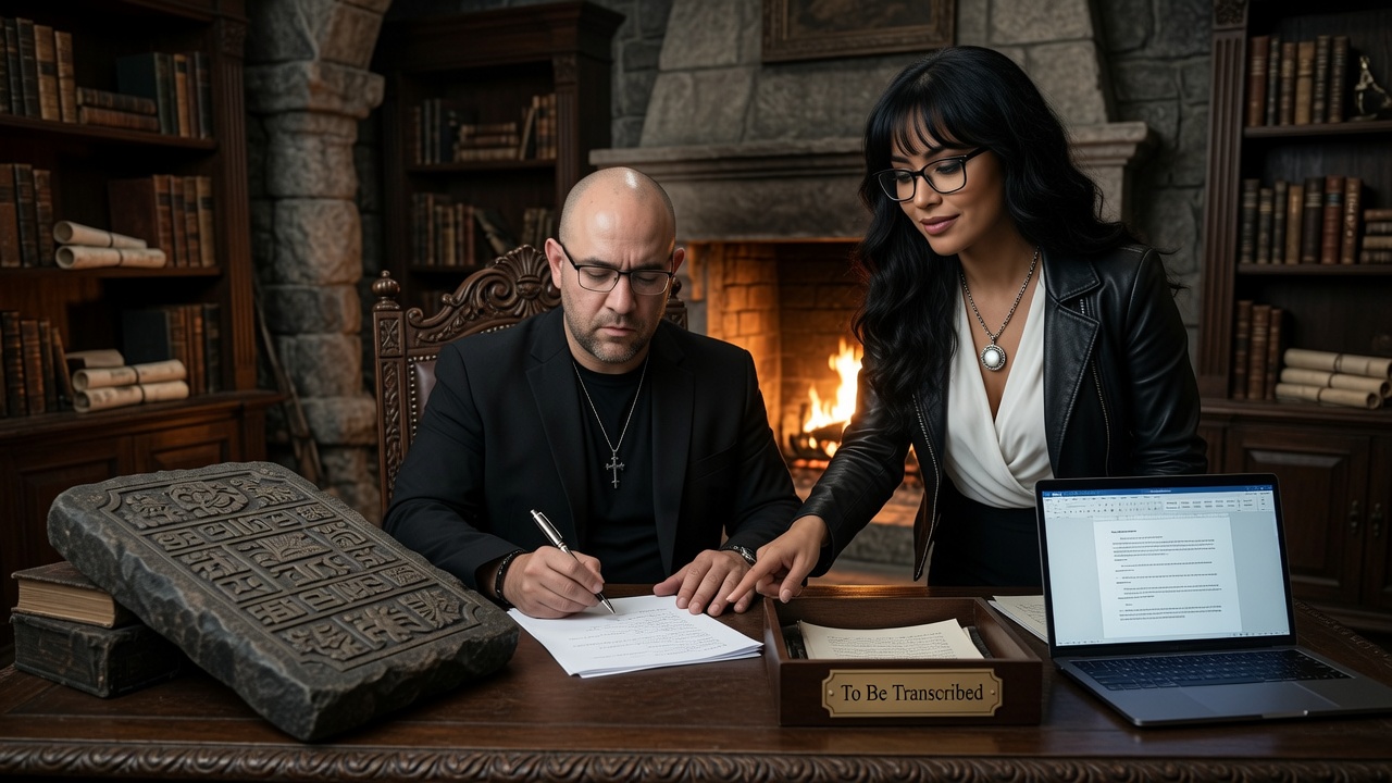 The Dark Legend signs documents while a beautiful woman points to papers in a wooden box labeled 'To Be Transcribed' beside a laptop and carved stone tablet in a library with a fireplace