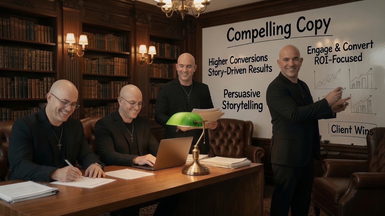 Four images of the the Dark Legend in a library office setting presenting marketing concepts on a whiteboard with phrases: Compelling Copy, Higher Conversions Story-Driven Results, Persuasive Storytelling, Engage & Convert ROI-Focused, and Client Wins alongside upward trending graphs.