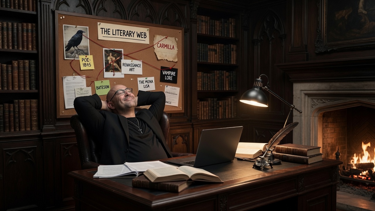 The Dark Legend leaning back in chair with hands behind head in study room with wooden shelves, laptop, open books, desk lamp, fireplace, and bulletin board labeled The Literary Web with connected notes about Poe 1845, Renaissance Art, Bateson, The Mona Lisa, Carmilla, Vampire Lore